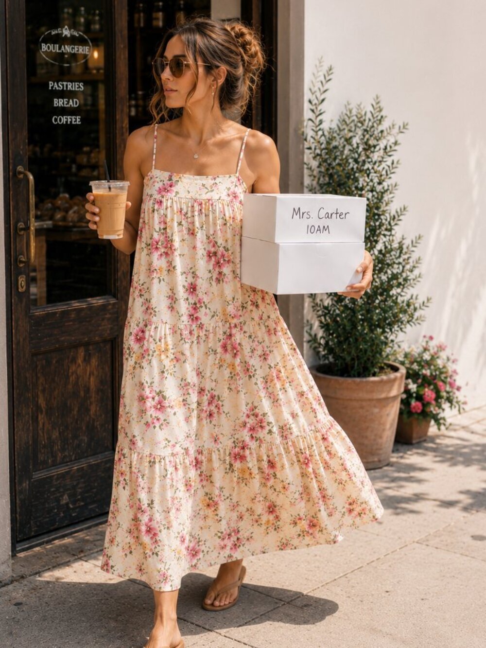 Maisie Pink Cream Floral Tiered Midi Dress Watercolor Sundress NWT Medium Size M